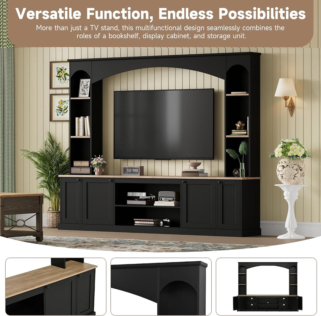 Farmhouse Entertainment Center with Bookshelves, Modern 4-Piece Wall Unit TV Stand Set for TVs up to 70', Elegant Arched Media Console Unit with Adjustable Shelves for Living Room, Black