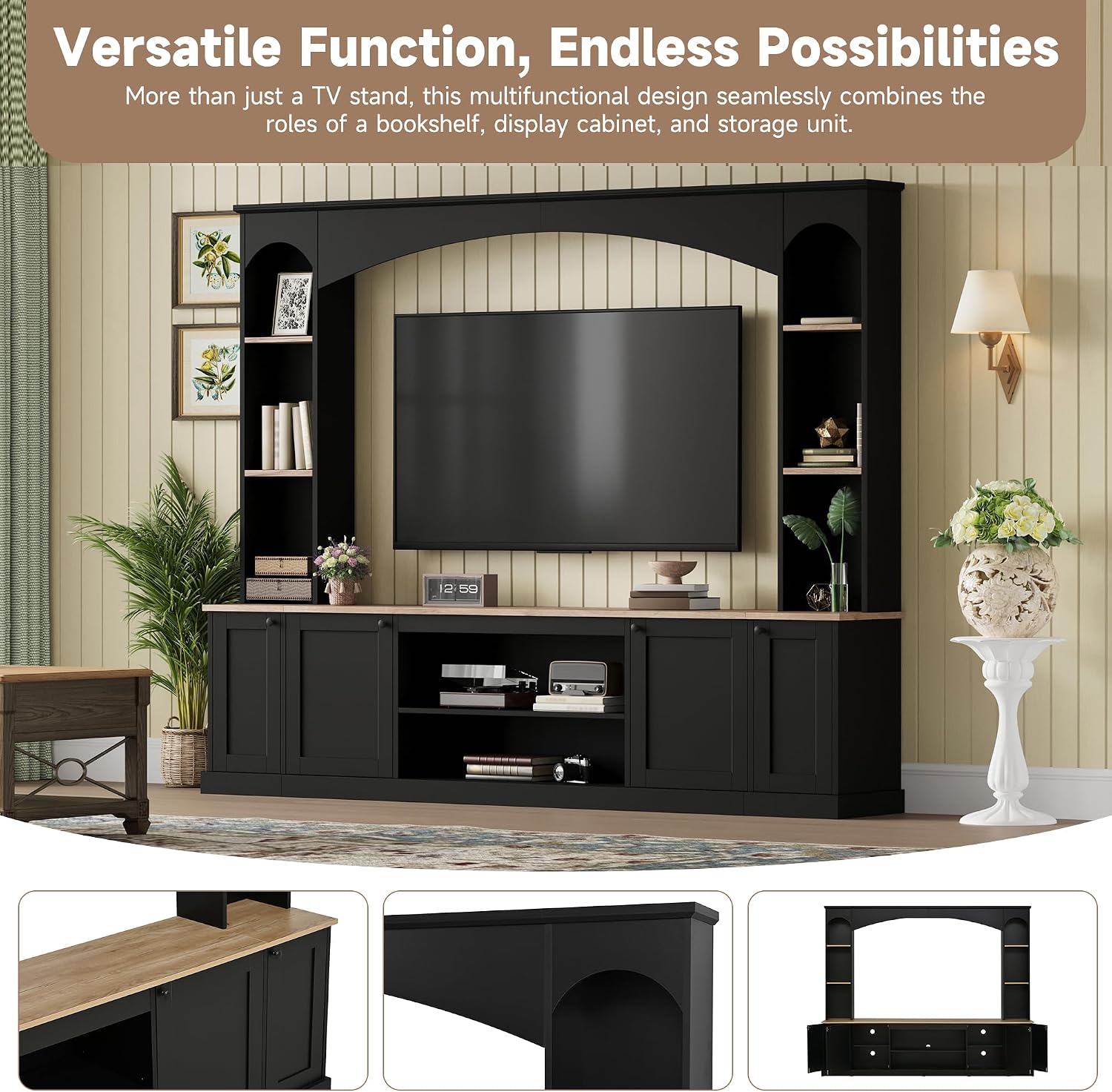Farmhouse Entertainment Center with Bookshelves, Modern 4-Piece Wall Unit TV Stand Set for TVs up to 70', Elegant Arched Media Console Unit with Adjustable Shelves for Living Room, Black
