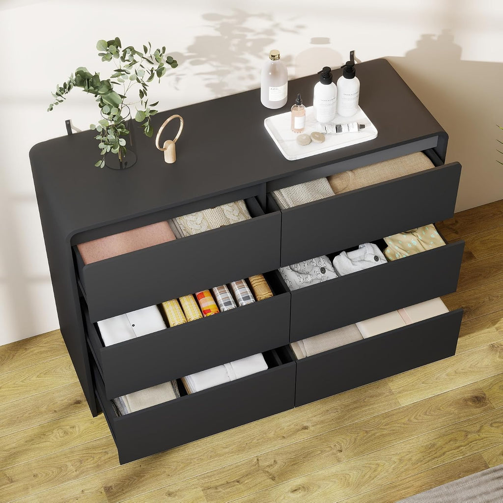 Black 6 Drawer Dresser for Bedroom,Modern Chest of Drawer with Curved Corner and No-Handle Design,Bedroom Storage Organizer Dresser for Closet,Hallway