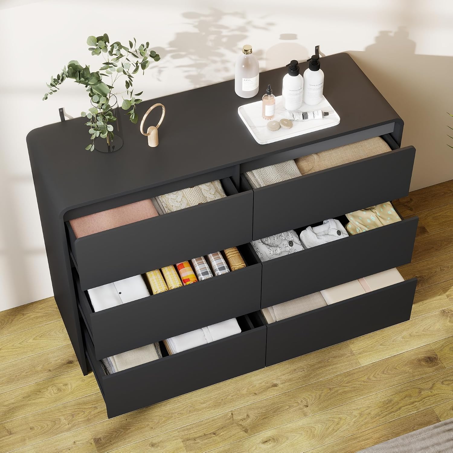Black 6 Drawer Dresser for Bedroom,Modern Chest of Drawer with Curved Corner and No-Handle Design,Bedroom Storage Organizer Dresser for Closet,Hallway