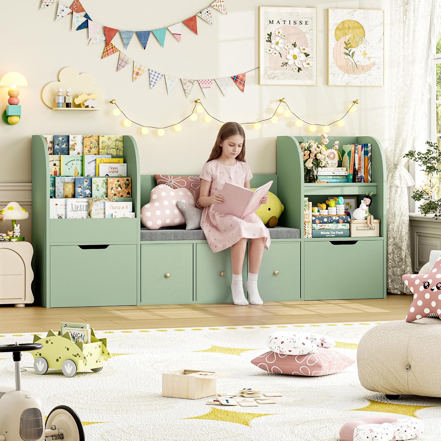 FOTOSOK 71' Kids Bookshelf with Reading Nook, Toy Storage Organizer with Seat Cushion and 2 Movable Drawers & 3 Fabric Toy Chests, Kids Reading Nook Toy Organizers and Storage with Bench for Playroom