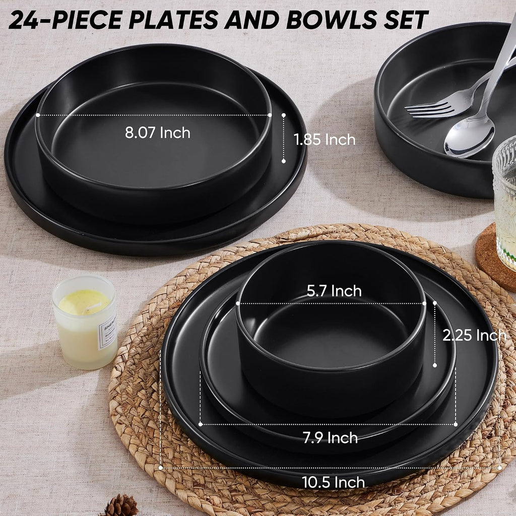 E-far Black Dinnerware Sets with Pasta Bowls, 24-Piece Stoneware Plates and Bowls Sets for 6 | Microwave & Dishwasher Safe Kitchen Modern Dish Set, Matte Black