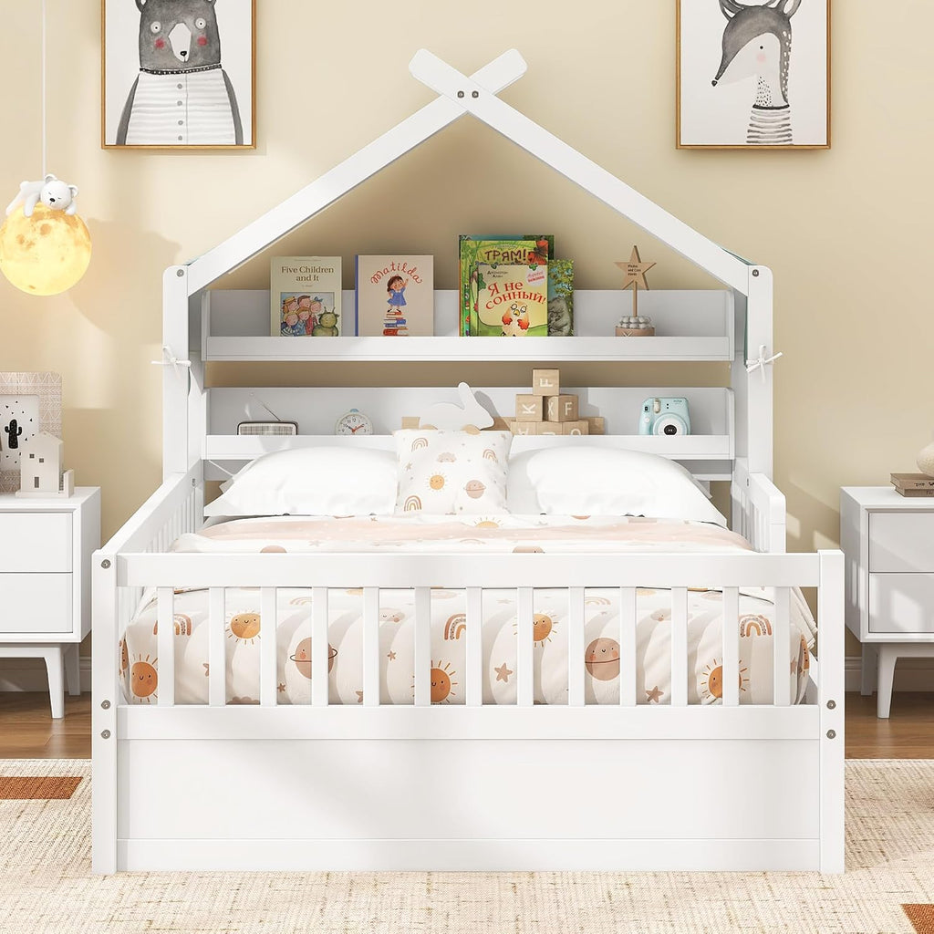 Merax Twin Size House Bed with Storage Headboard Shelf & Removable Canopy, Wooden Platform Bed Frame with Guardrail for Boys Girls Teens Bedroom Use, No Box Spring Needed, White
