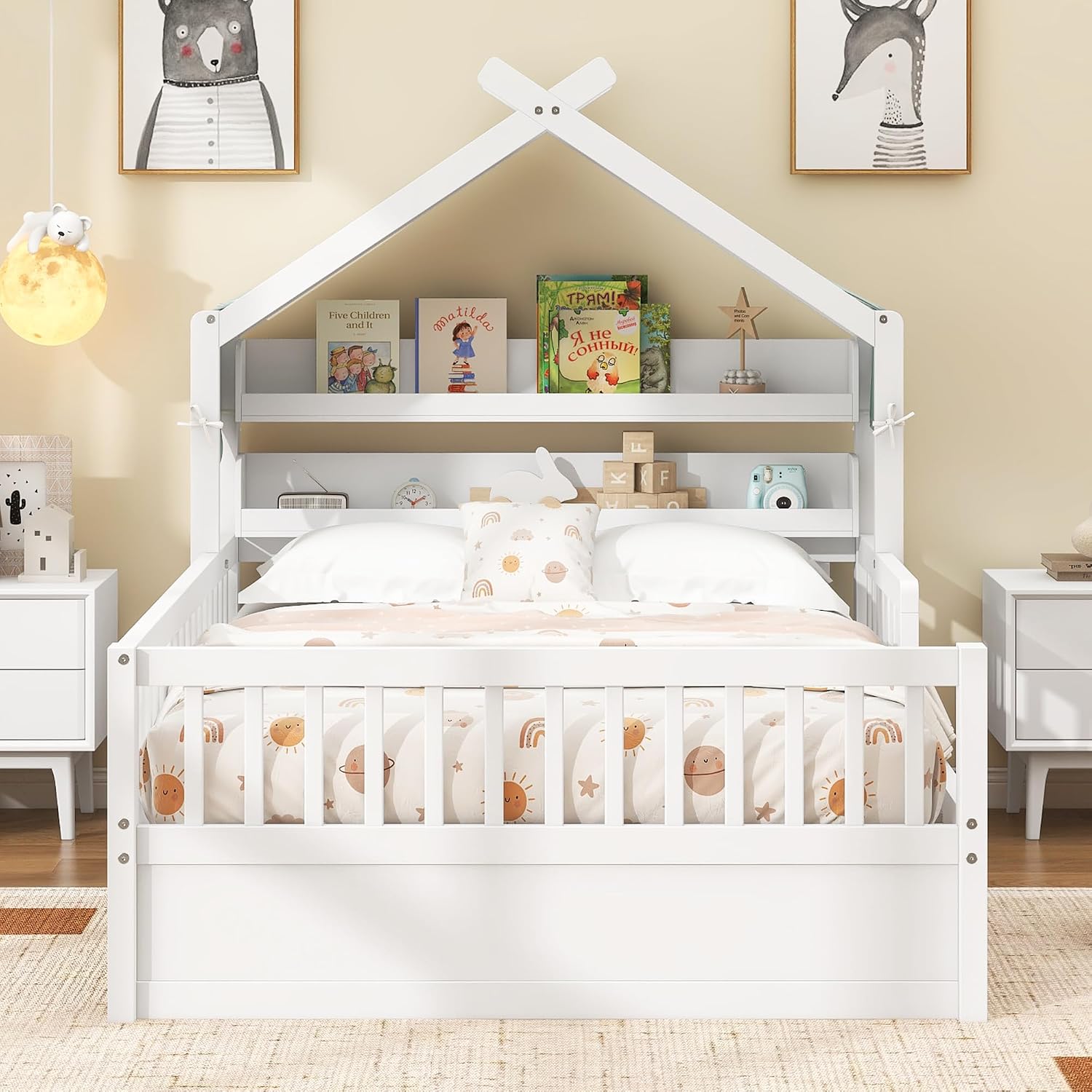 Merax Twin Size House Bed with Storage Headboard Shelf & Removable Canopy, Wooden Platform Bed Frame with Guardrail for Boys Girls Teens Bedroom Use, No Box Spring Needed, White