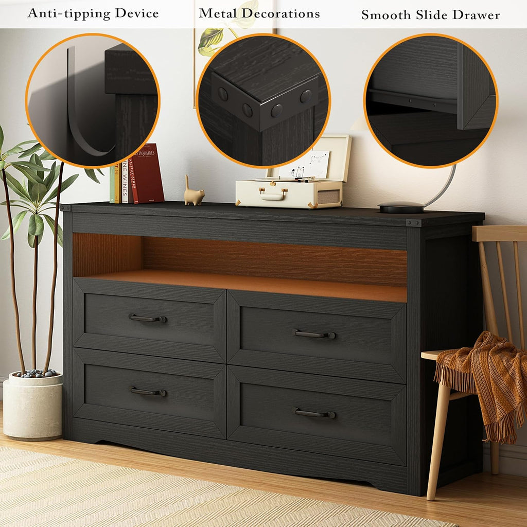 Wodeer Black Dresser for Bedroom, Wood 4 Drawer Dresser with LED Light, Dressers & Chests of Drawers with Metal Handles, Storage and Organization for Bedroom, Hallway, Entryway
