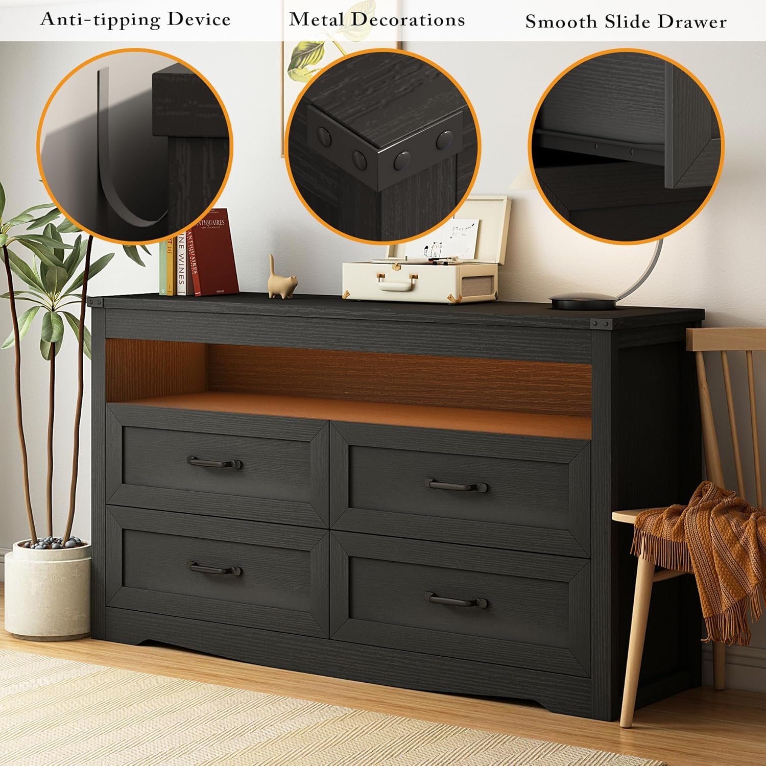 Wodeer Black Dresser for Bedroom, Wood 4 Drawer Dresser with LED Light, Dressers & Chests of Drawers with Metal Handles, Storage and Organization for Bedroom, Hallway, Entryway