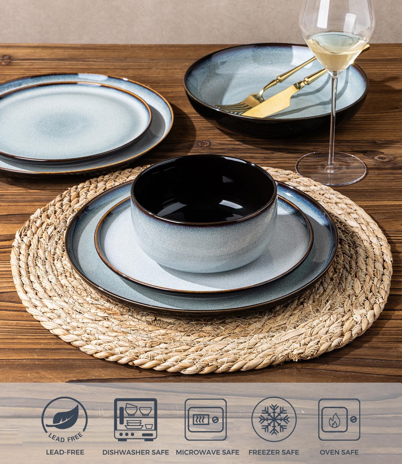 LERATIO Ceramic Dinnerware Sets with Pasta Bowls for 4,Plates and Bowls Sets,Oven &Microwave & Dishwasher Safe,Light Weight & Scratch Resistant Dishes Sets-Service for 4 (16pcs)-Gray White