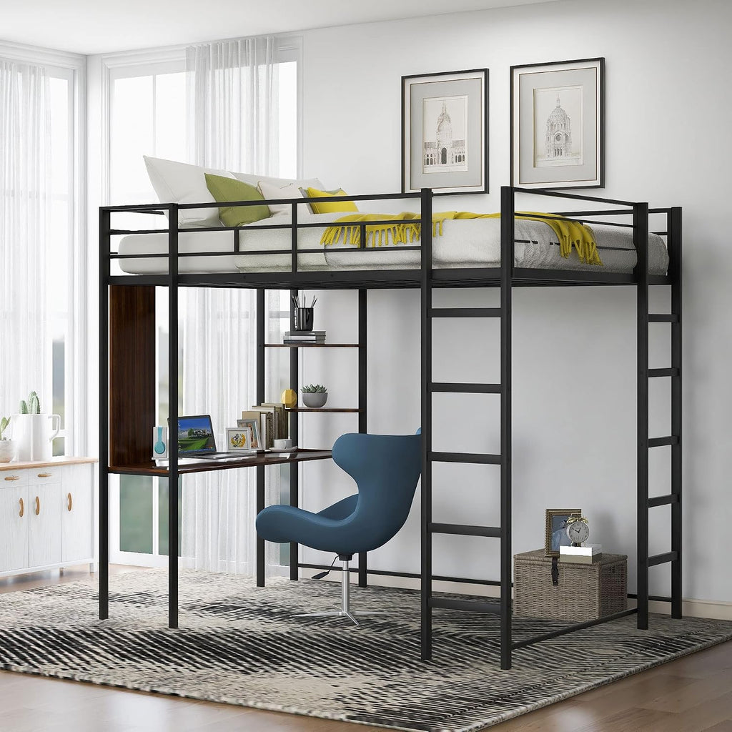 Full Size Loft Bed with 2 Shelves and Desk, Metal Structure Bed Frame with Build-in Ladders and Safety Guardrail for Dorm, Bedroom, Guest Room, No Box Spring Needed (Black-02, Full)