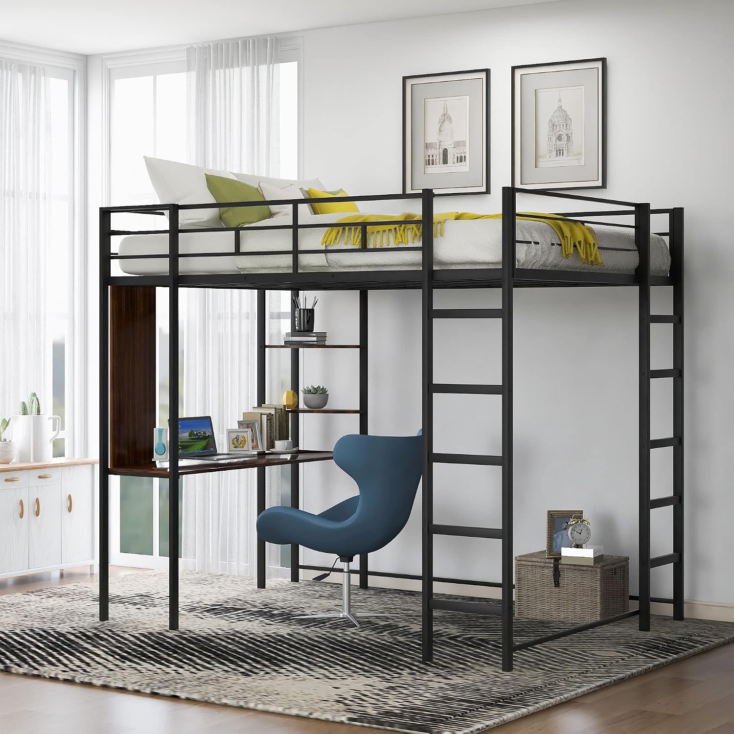 Full Size Loft Bed with 2 Shelves and Desk, Metal Structure Bed Frame with Build-in Ladders and Safety Guardrail for Dorm, Bedroom, Guest Room, No Box Spring Needed (Black-02, Full)