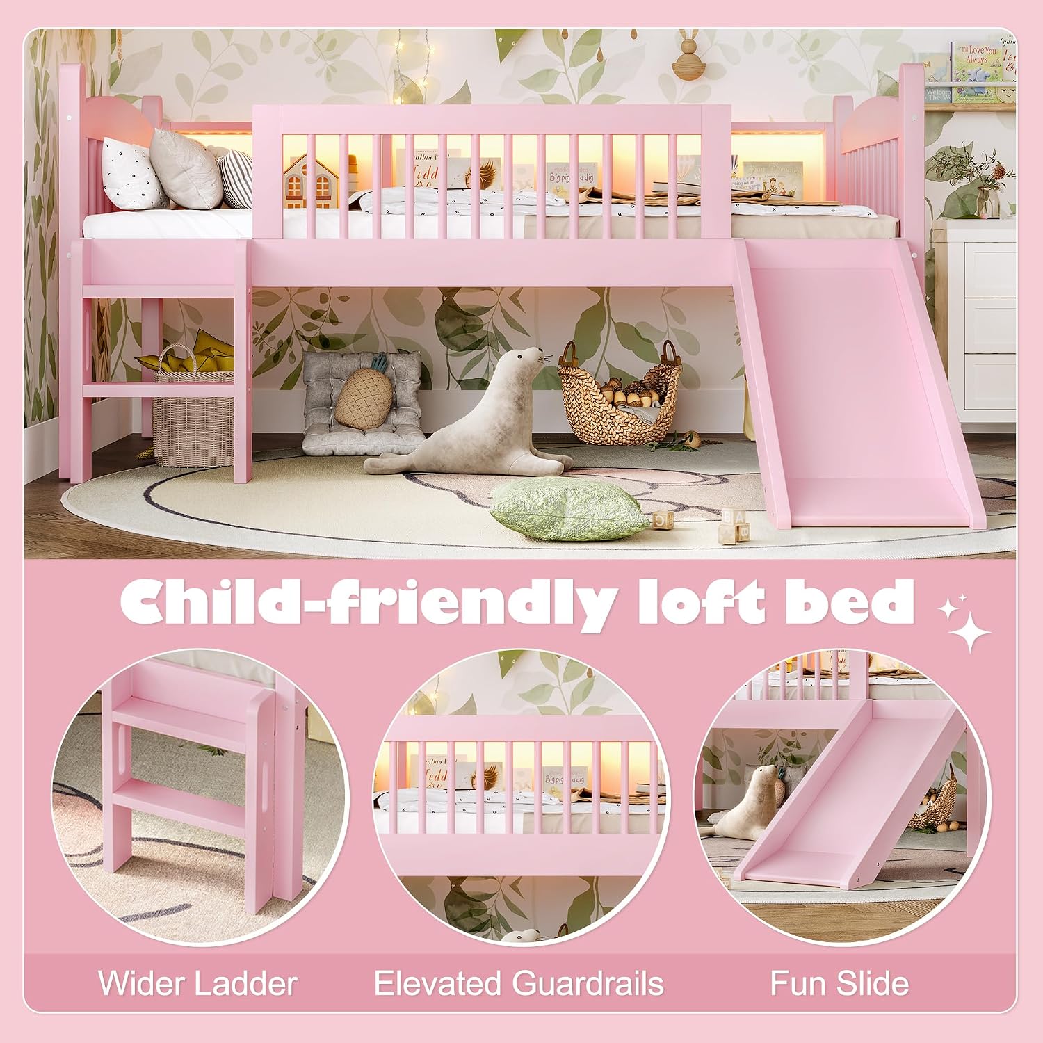 JIVOIT Twin XL Loft Bed with Storage Shelves, Solid Wood Lower Loft Bed with Full-Length Guardrails, Wood Slats Support, Space-Saving Design, No Box Spring Needed (Pink,Twin XL,51)