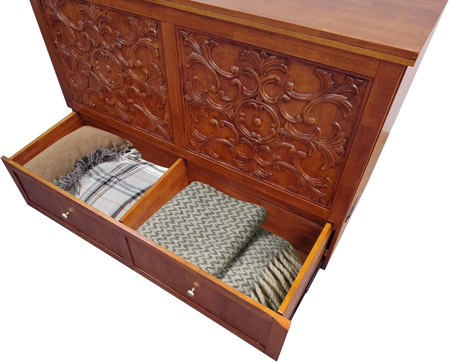 Mega Solutions Notturno Murphy Cabinet Bed Queen 8 inch Save Space in Style with Elegant Cognac Wood Finish Charging Station - Guest Room or Small Apartment Must-Have