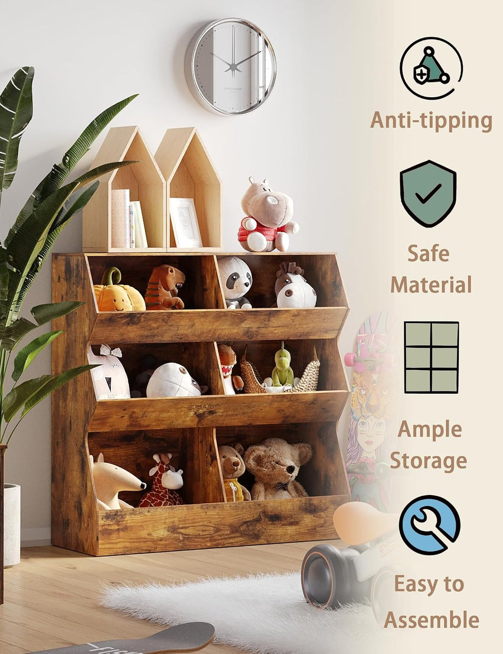 DINZI LVJ Toy Storage Organizer, Kids Bookshelf, Wooden Toy Storage Cabinet, 6 Cubby Children Bookcase, 39.4' L Toddler Book Shelf for Playroom, Living Room, Nursery, Hallway, School, Rustic Brown