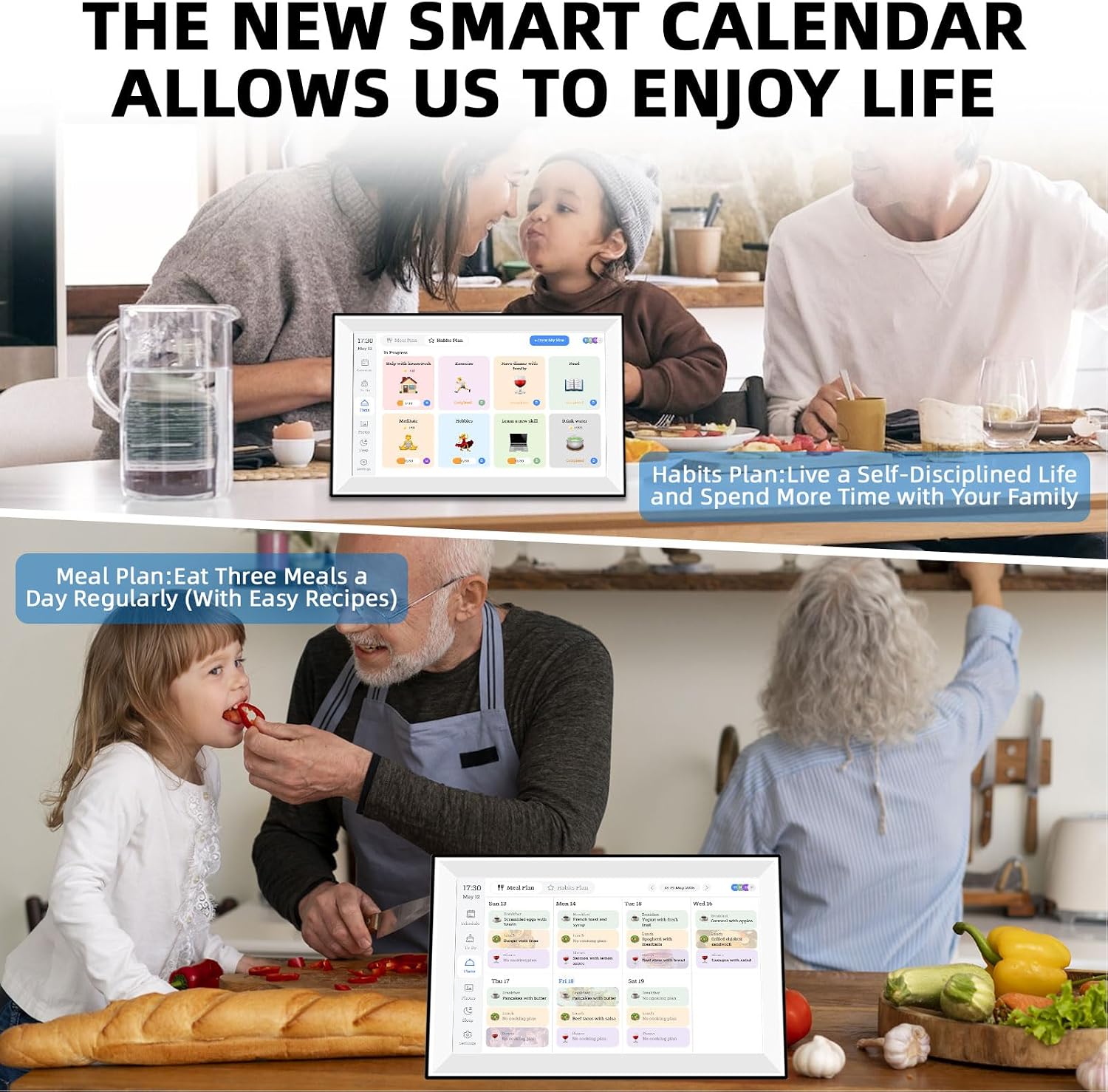 Fockety 10.1 Inch Digital Calendar, Wall and Desk Mountable Meal Planner, Interactive Electronic Calendar with Smart Touchscreen for Family Schedules and Meal Planner (US Plug)