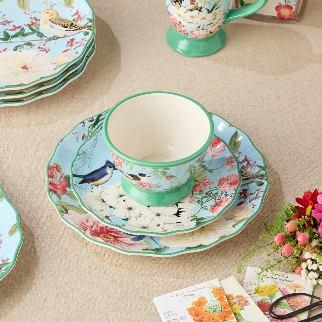 Flora 16-Piece Dinnerware Set, Service for 4 – Includes Dinner Plates, Dessert Plates, Pedestal Mugs, and Pedestal Ice Cream Bowls with Vibrant Nature-Inspired Floral Designs