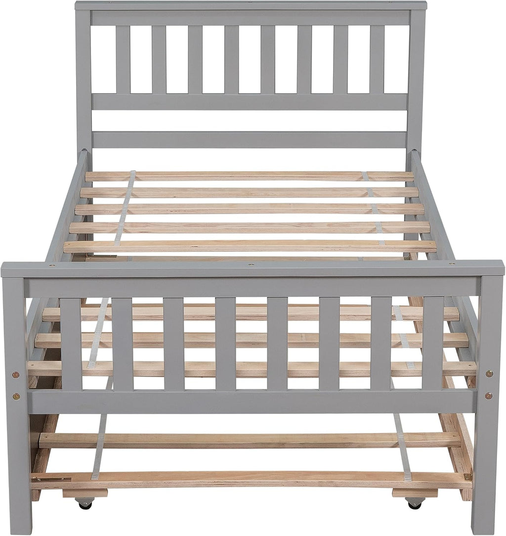 PVWIIK Twin Daybed with Trundle for Kids Bedroom,Wood Platform Bed Frame with Headboard and Footboard for Small Living Space,No Box Spring Needed,Grey