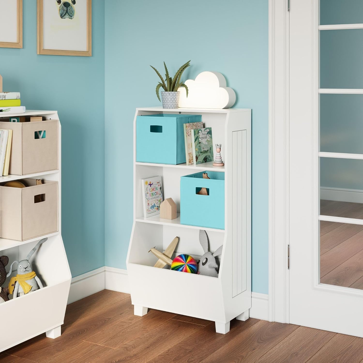 RiverRidge Kids Bookshelf with Veggie Storage Bin and 2 Open Shelves and 2 Aqua Fabric Bins - Kids Storage Organizer, Toy Shelf & Book Shelf