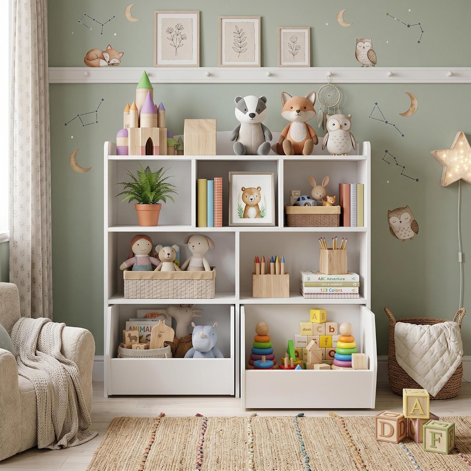 IDEALHOUSE Toy Storage Organizer with Movable Drawers, Kids Bookshelf with Hidden Wheels and 5 Open Cubbies, Multifunctional Storage Cabinet Chest for Playroom