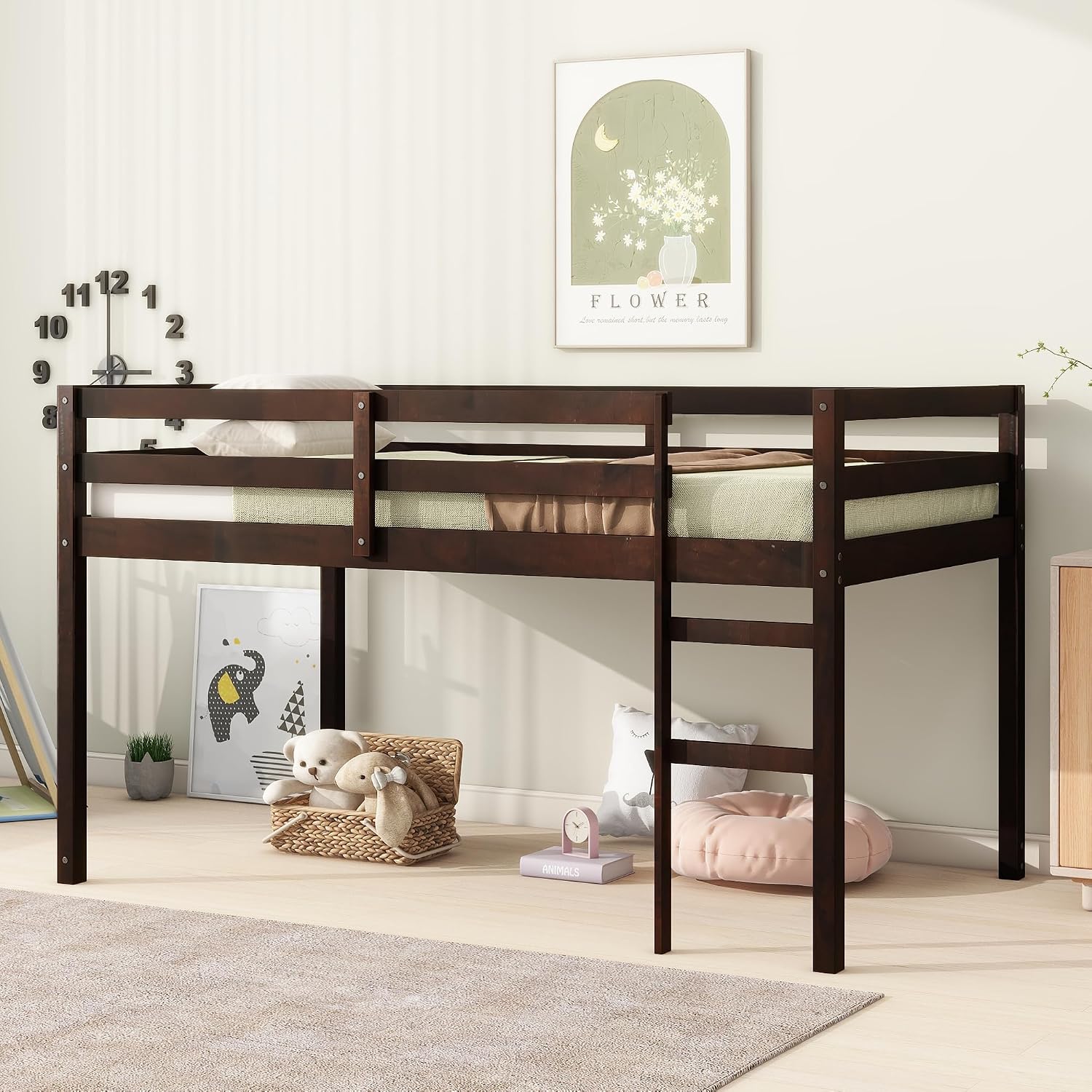 JIVOIT Wood Low Loft Bed Frame with Ladder, Solid Rubber Wooden Twin Loft Bed, Bed Platform of Strengthened Slats, Space Saving Design, No Box Spring Needed (Espresso,104)