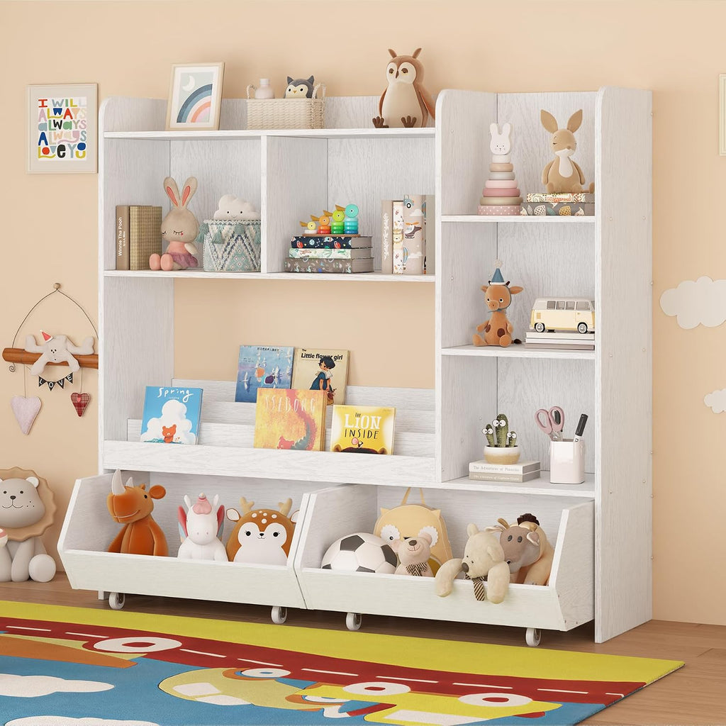 ZOPEND Kids Bookshelf and Toy Storage Organizer with 2 Rolling Bins, 5-Tier Open Wooden Bookcase for Children's Bedroom Playroom Nursery, Montessori Toddler Book Shelf with Display Rack, White