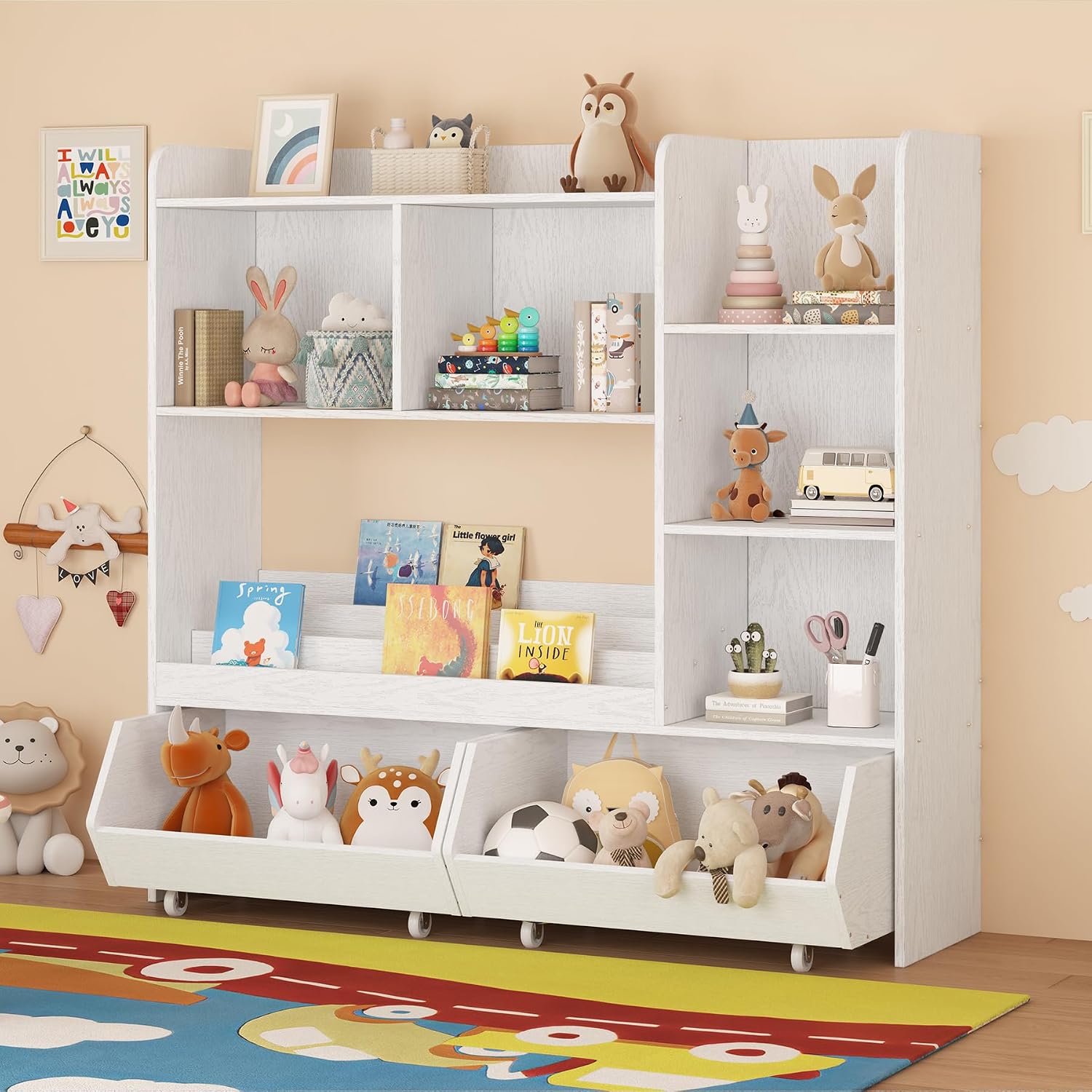 ZOPEND Kids Bookshelf and Toy Storage Organizer with 2 Rolling Bins, 5-Tier Open Wooden Bookcase for Children's Bedroom Playroom Nursery, Montessori Toddler Book Shelf with Display Rack, White