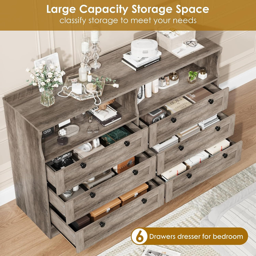 Garvee 6 Drawer Dresser for Bedroom, with RGB LED Lights & Power Outlet, 55' Wide Chests of Drawers Dresser TV Stand for 55 Inch TV, for Closet, Living Room, Entryway