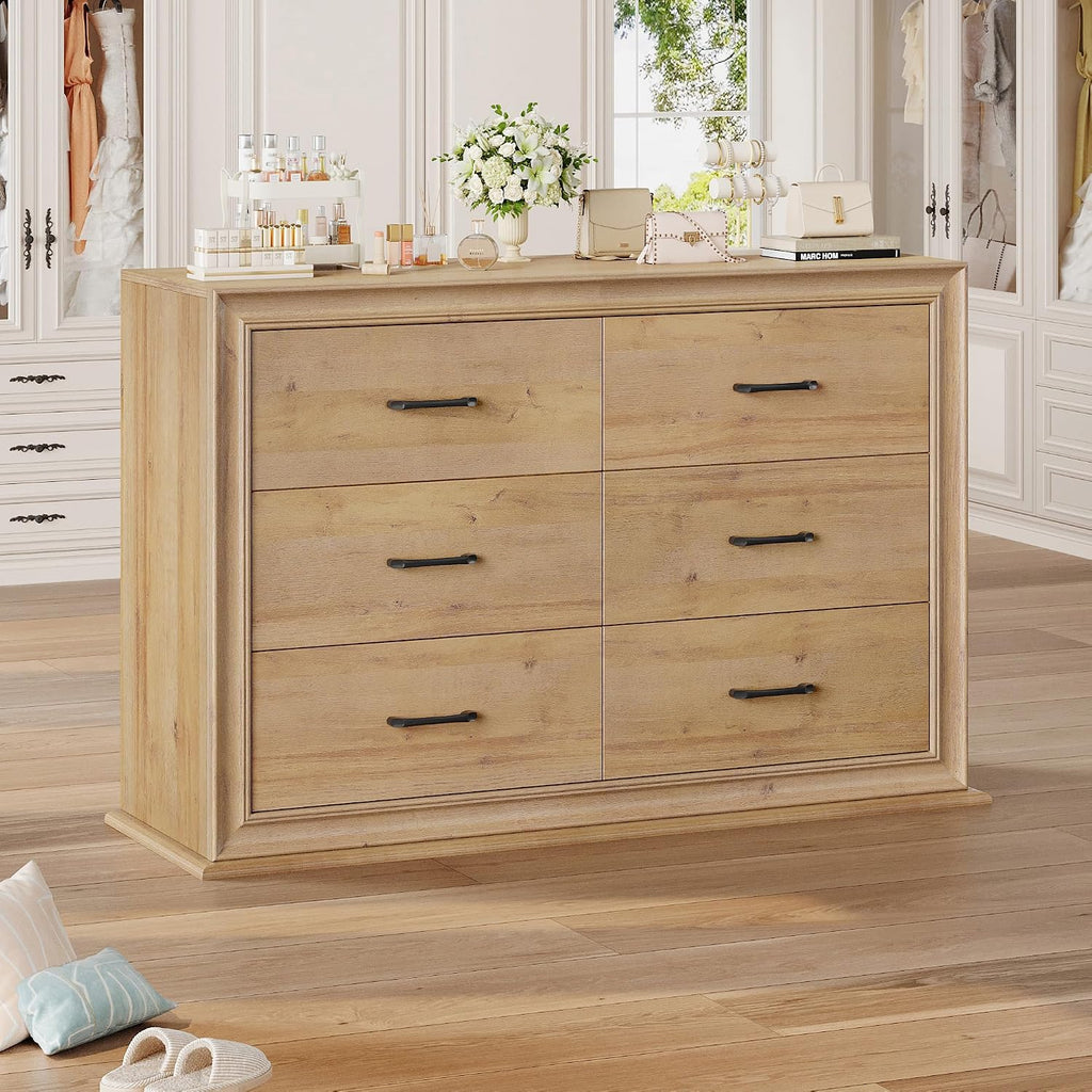 HIFIT Farmhouse 6 Drawer Dressers, 47.2' Wide Chest of 6 Drawers, Oak Double Dressers, Storage Organizer Cabinet for Living Room