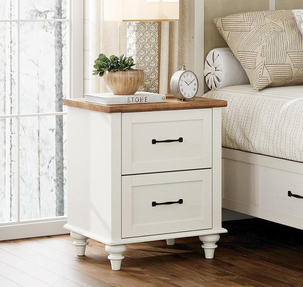 WAMPAT Off White Nightstand with Charging Station, 20 Inch Night Stand with 2 Drawers, Wooden Rustic Bedside Table End Tables with Solid Wood Legs for Bedroom