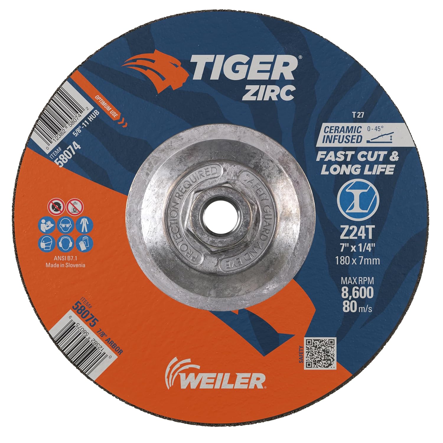 Weiler 58074 7' x 1/4' Tiger Zirc Type 27 Grinding Wheel, Z24T, 5/8'-11' UNC Nut (Pack of 10)