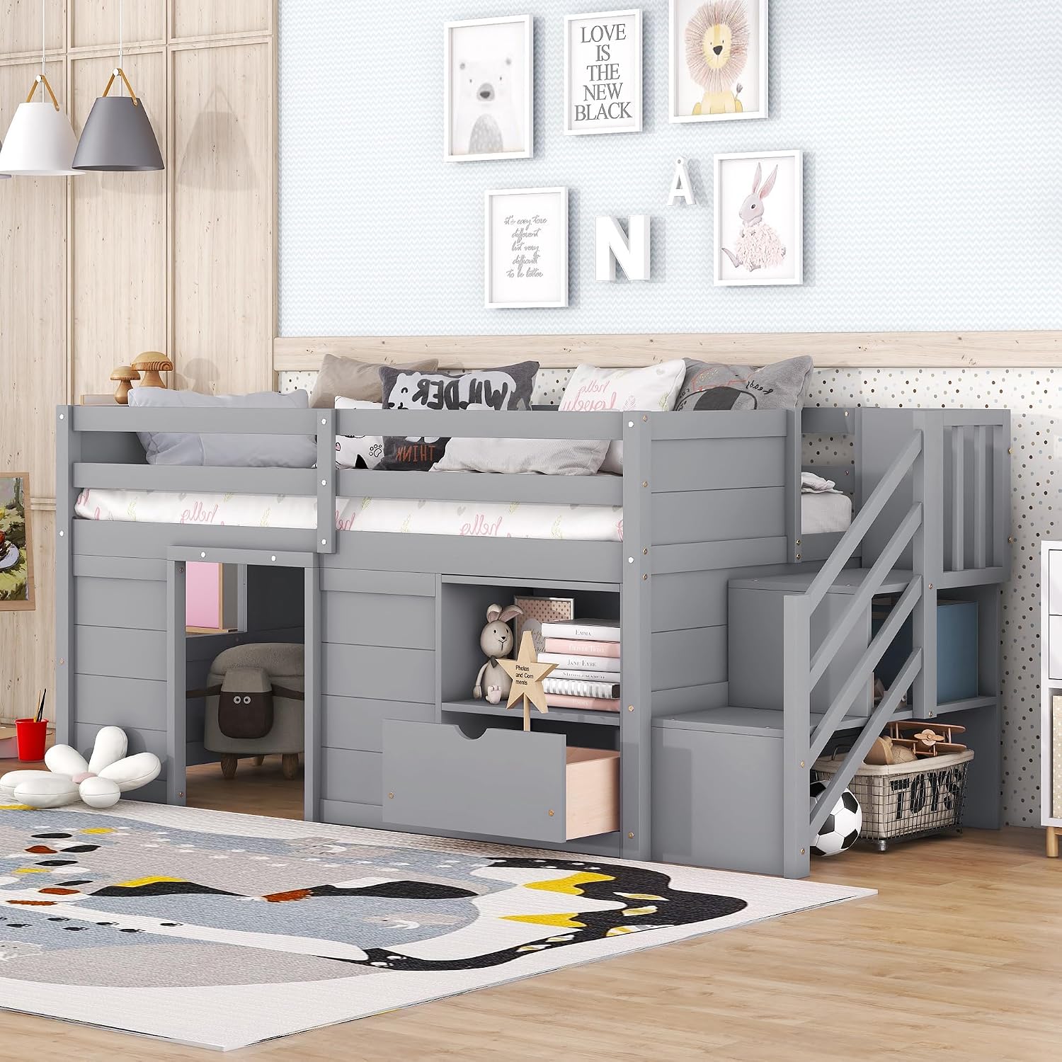 JIVOIT Twin Size Loft Bed with Bookshelf and Storage Drawer, Storage Staircase and Window Design, Wooden Low Loft Bed Frame with Full-Length Guardrail for Kids Teens (Gray, Bookshelf+Drawer 7)