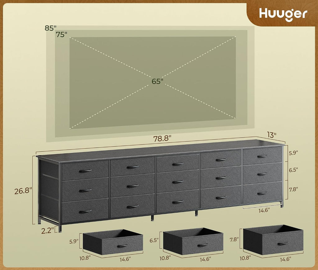 Huuger 78.7 inch Long Dresser for Bedroom, 15 Drawer Fabric Dresser for Closet, Large TV Stand for 65, 75, 85 inch TV, Wide Chest of Drawer with Storage, 78.7' W x 12.9' D x 26.7' H, Black