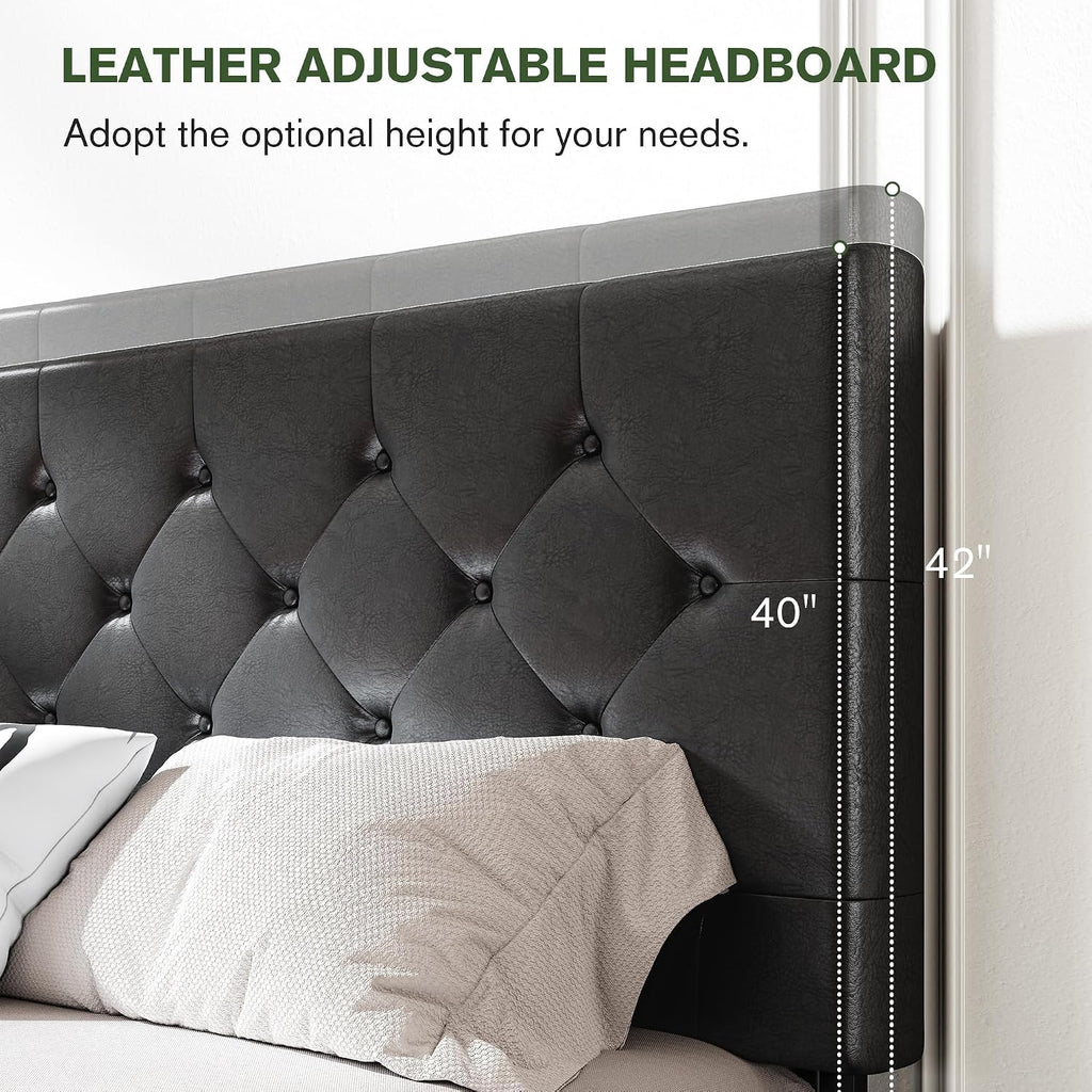MUTICOR Queen Size Bed Frame with 4 Storage Drawers, Upholstered Platform Bed with Button Tufted Adjustable Headboard, No Box Spring Needed, Easy Assembly, Diamond Tufted, Black Leather