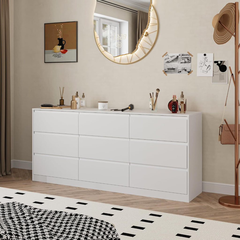 Bobve 70.9' Dresser for Bedroom with 9 Drawers, Large Modern Chest of Drawers with Deep Drawers, Wide Double Dresser Handle Free, Storage Organizer for Bedroom, Living Room, Hallway (White)