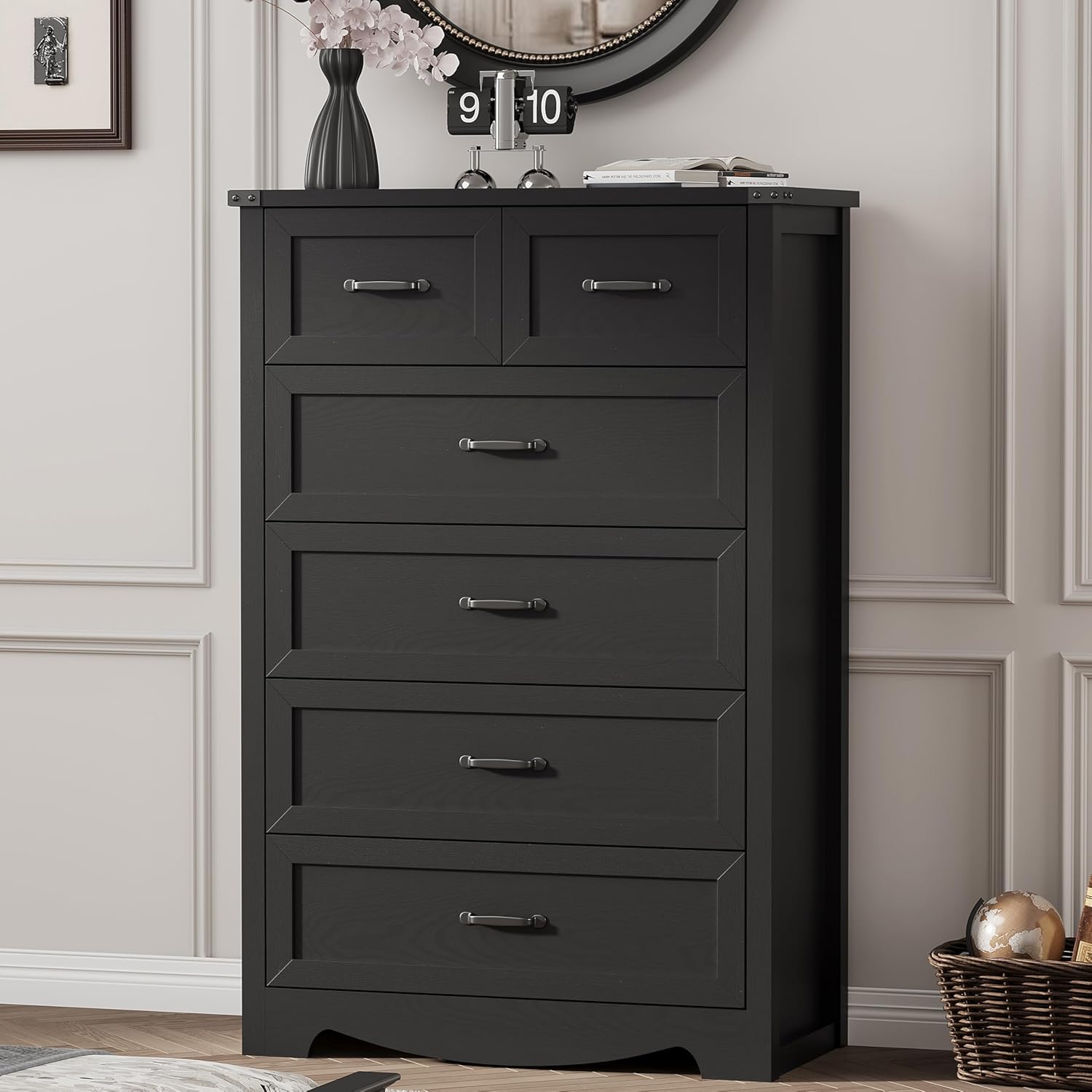 Dresser for Bedroom with 6 Drawers, 49' Tall Wood Chest of Drawers with Deep Drawers & Mental Handle, Modern Dresser TV Stand, Wooden Closet Storage Organizer for Living Room, Hallway, Entryway, Black
