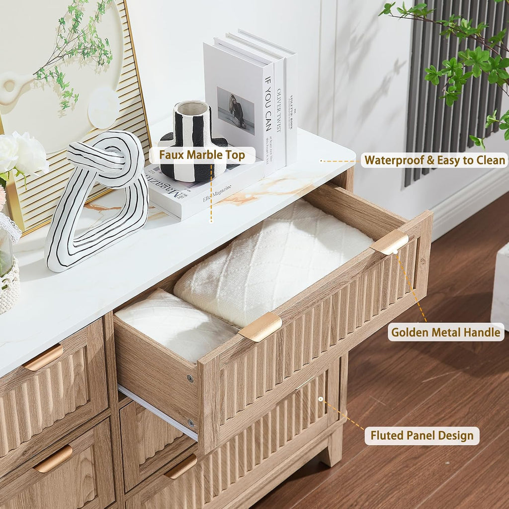 6 Drawers Dresser for Bedroom, 54' Large Storage Dresser, Natural Oak Dressers with Faux Marble Top, Modern Dressers & Chests of Drawers for Living Room Entryway, Natural Fluted 6 drawers dresser