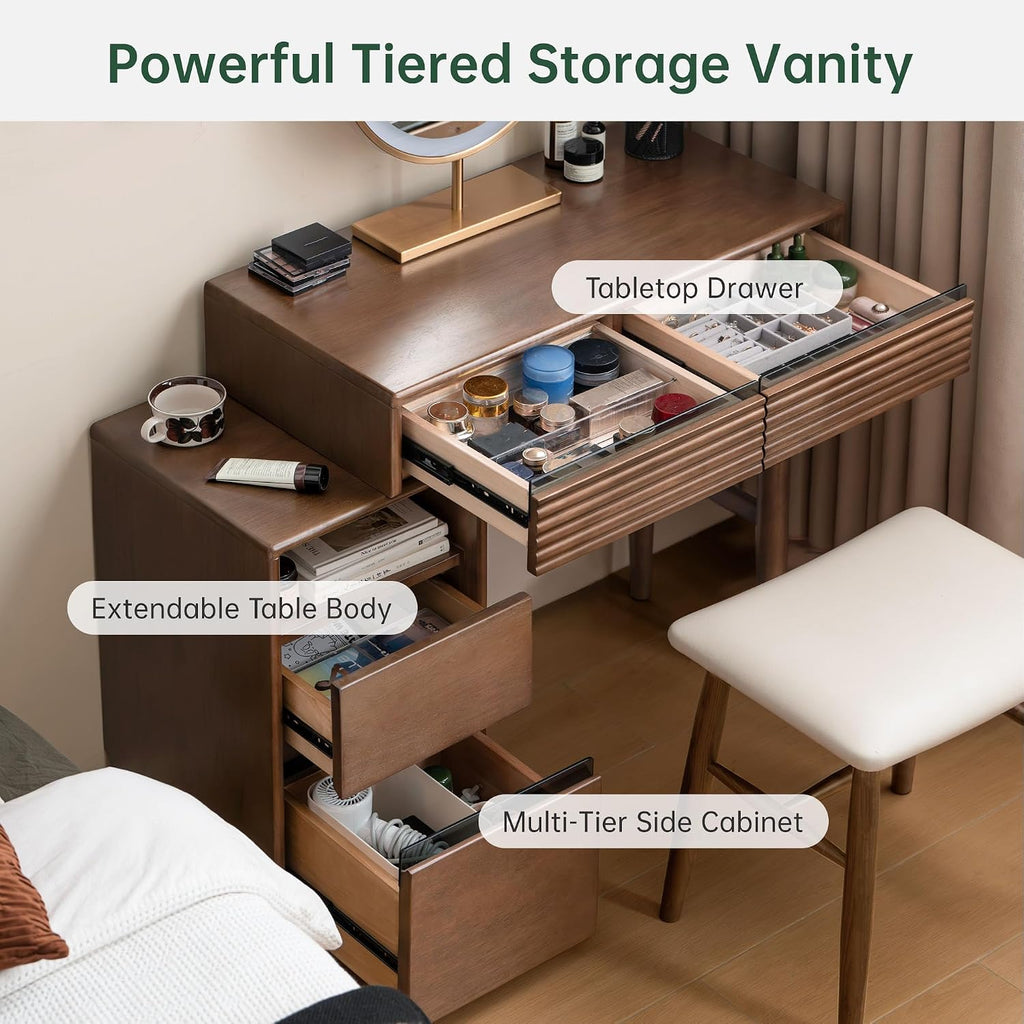 YESWOOD Extendable Vanity Desk with Dresser, Rubber Wood Makeup Table for Girls, Vanity Set for Bedroom, Bathroom, Study Desk for Study Room, 15.7' D x 41' W x 30' H, Walnut