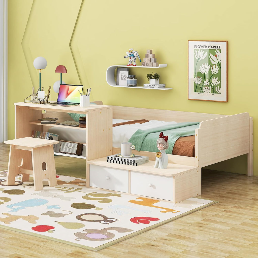 Functional Design Twin Size Platform Bed Daybed with 2 Drawers and 1 Chair&Desk Set, Solid Wood Daybed Frame with Full-Length Guardrails for Kids Boys Girls, Sturdy Slat Support (Natural+White)