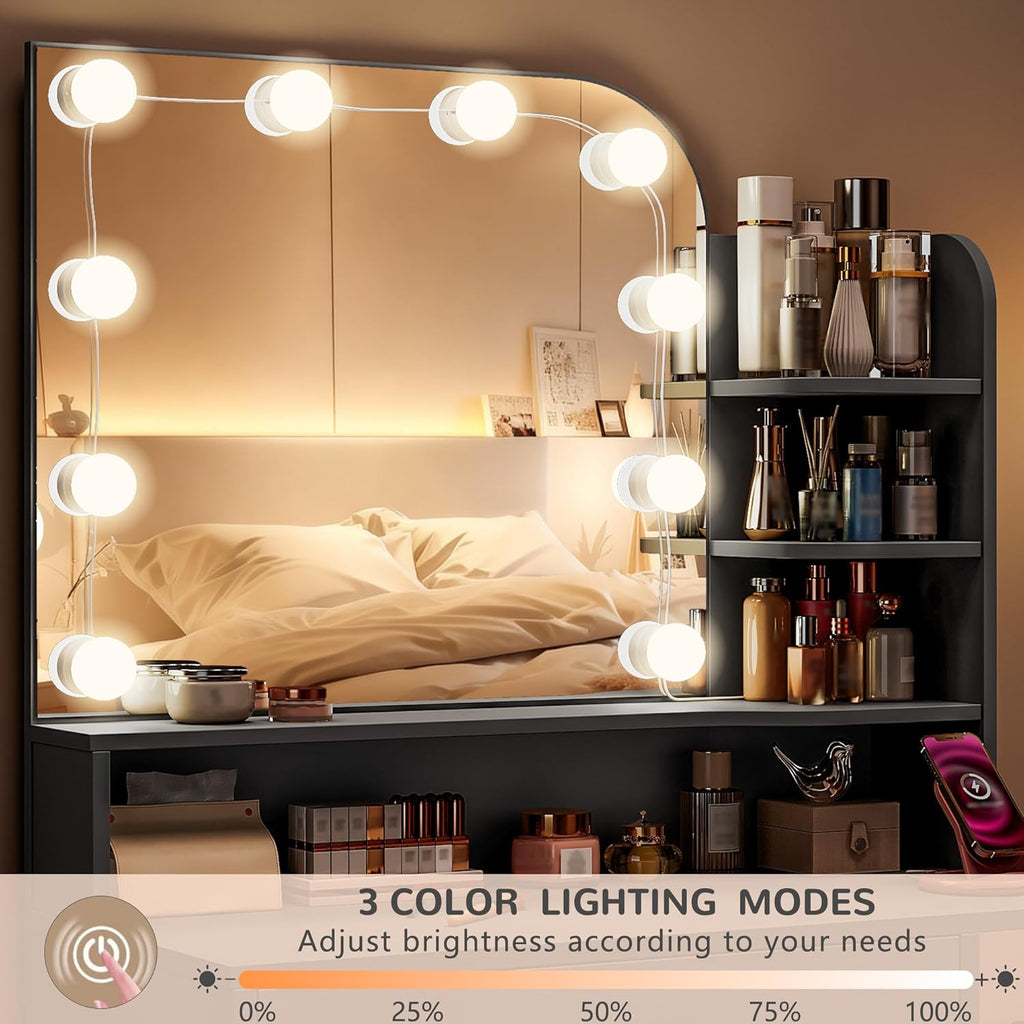 Small Vanity Desk with Mirror and Lights, 26.4' W Girls Vanity Set with Chair and Power Outlet, 3 Lighting Color Adjustable, Makeup Vanity Vanity for Girls, Black
