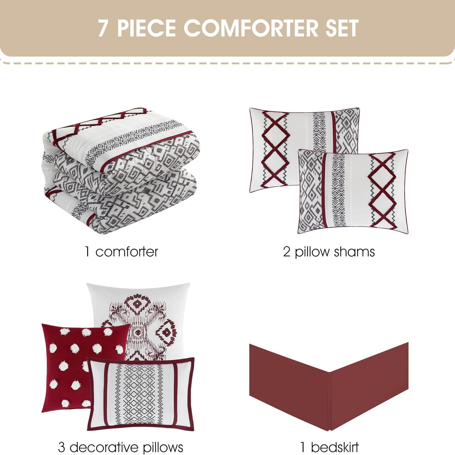 Grand Avenue White Red Comforter Set California King Size, 7 Piece Terry Embroidery All Season Bedding Set, Bedskirt, Pillows & Shams
