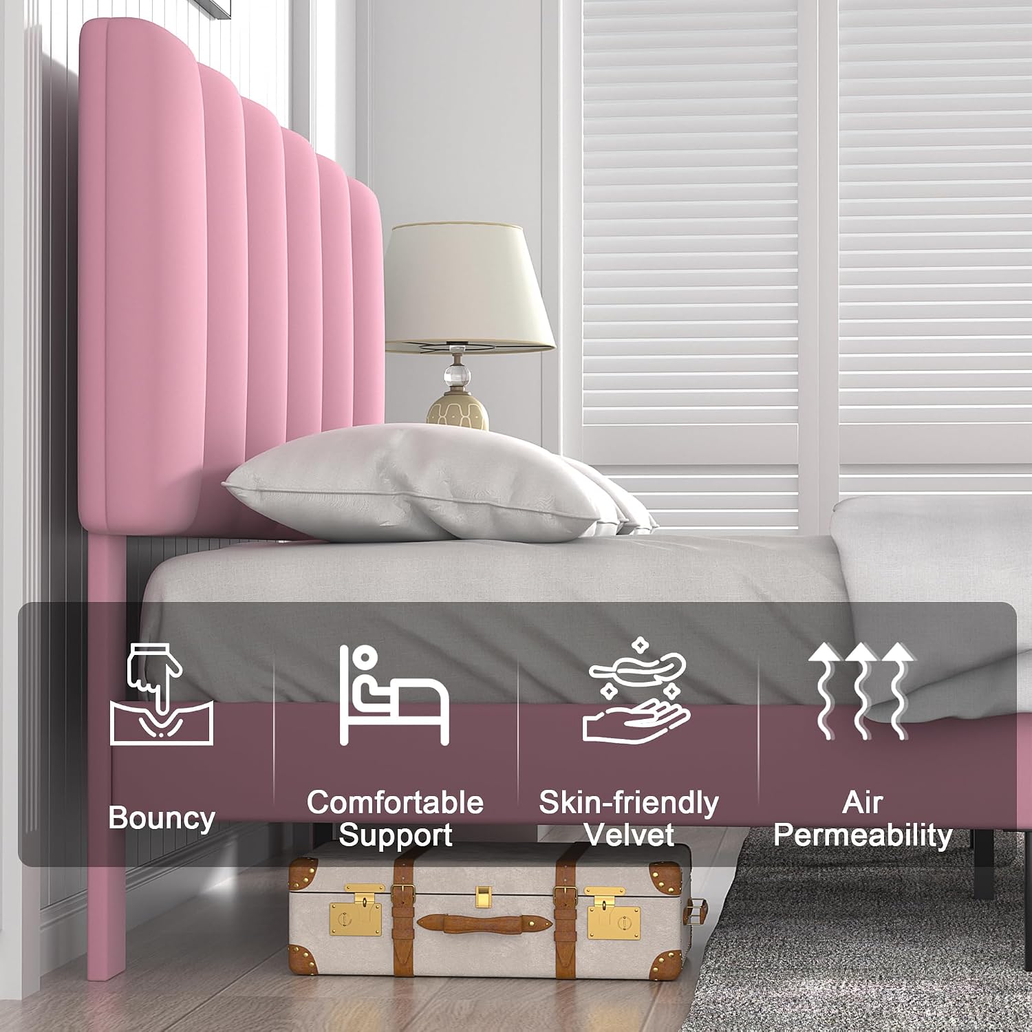 VECELO Full Bed Frames, Upholstered Platform Bedframe, Adjustable Headboard, Wood Slat Support, No Box Spring Needed, Easy Assembly, Cherry Pink
