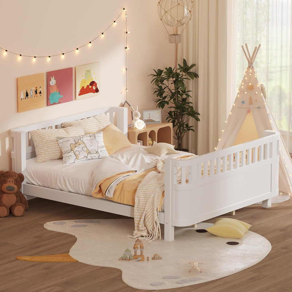 Harper & Bright Designs Queen Size Kids Montessori Bed Frame, Solid Wood Low Profile Bed with Detachable Fence, Rounded Corners & Protective Design, Modern Daybed for Boys, Girls, White