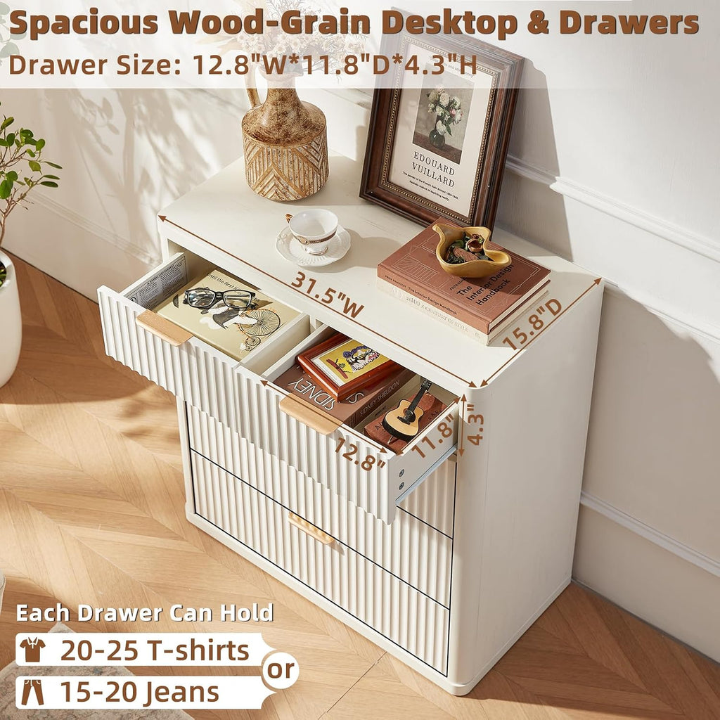LEYAOYAO Fluted 5 Drawers Dresser for Bedroom, 34' Tall Modern Chest of Drawers with Metal Handle, Curved Profile Design,White Wood Drawer Organizer for Bedroom, Living Room, Hallway, Entryway