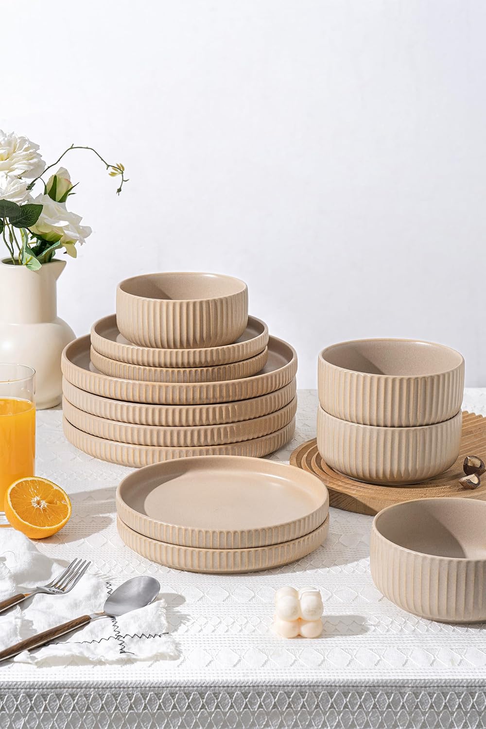 FOBENTA Handcrafted Dish Set for 8,24 Piece Rustic Brown Ceramic Plates and Bowls Set – Vintage-Inspired Dinnerware Sets for Hosting & Everyday Warmth