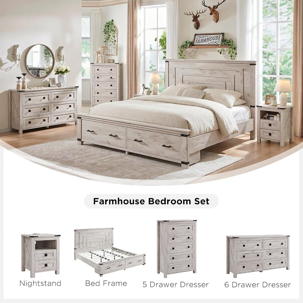 T4TREAM Farmhouse 5 Drawers Dresser Chests for Bedroom, Wood Rustic Tall Chset of Drawers,Dressers Organizer for Bedroom, Living Room,Hallway, Antique Brush White