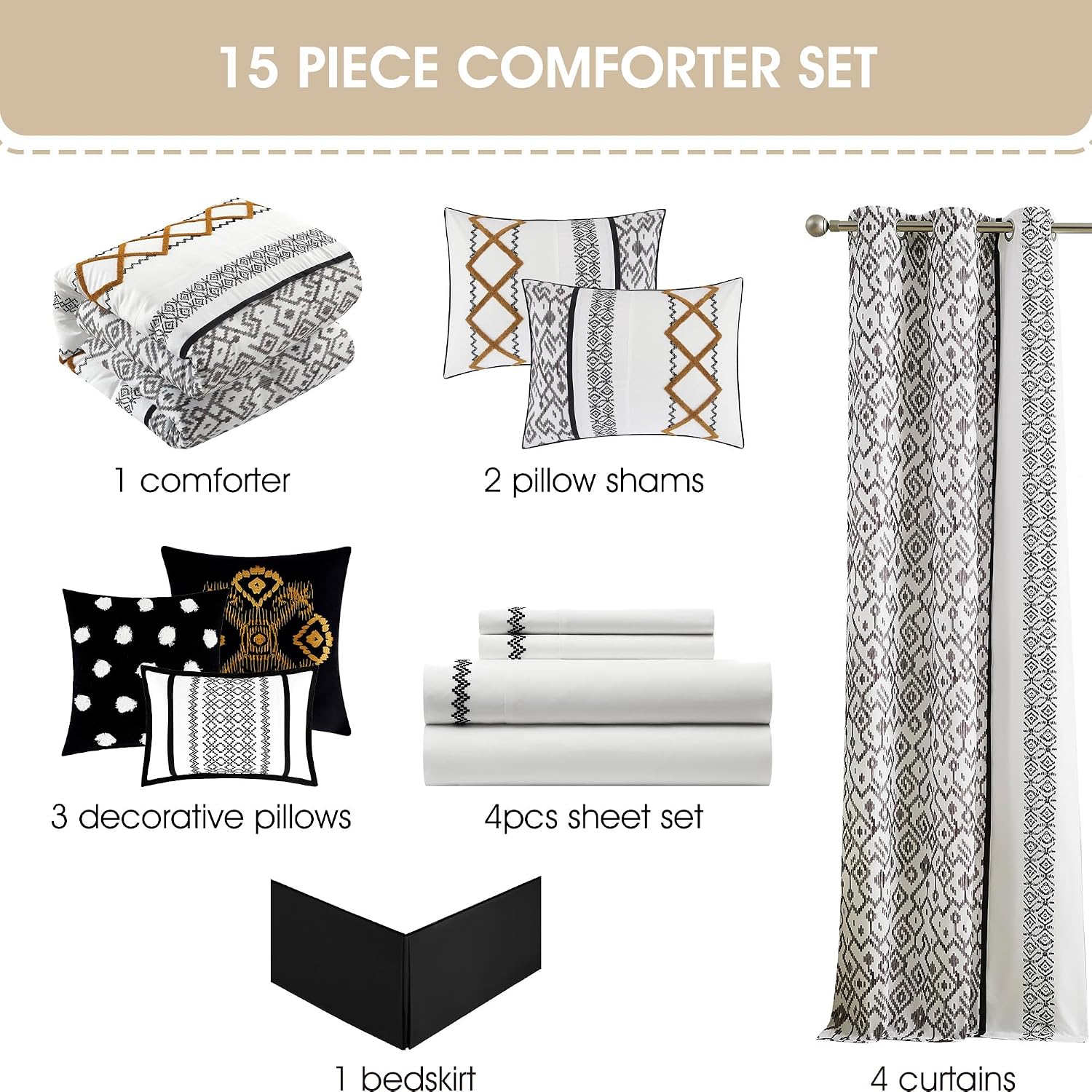 Grand Avenue Black Gold Comforter Set Queen Size, 15 Piece Terry Embroidery All Season Room-in-A-Bag, Matching Curtains, Sheet Set, Pillows & Shams