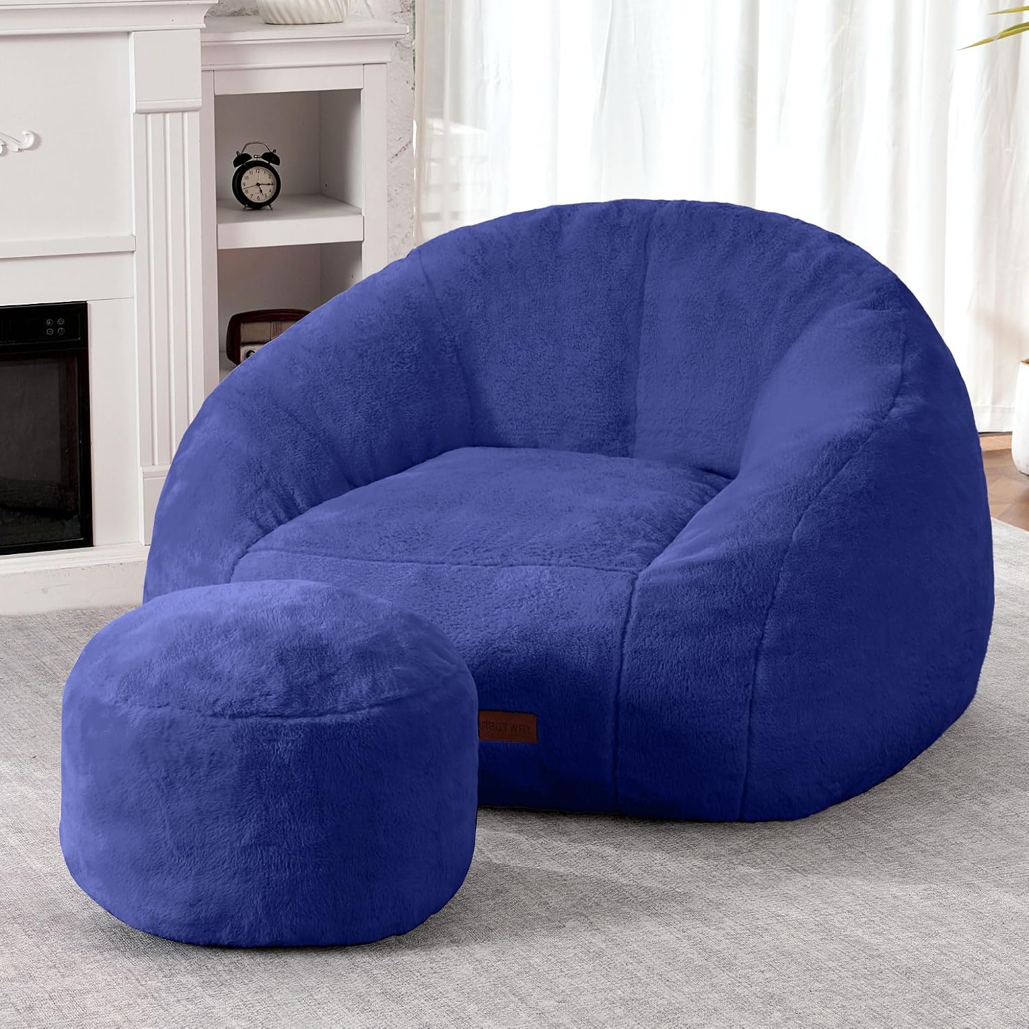 HABUTWAY Bean Bag Chair, Giant Bean Bag Chairs for Adults with Ottoman, Comfy Faux Fur Shell-Shaped Bean Bag Couch, Sofa Chair for Living Room, Bedroom, Navy Blue