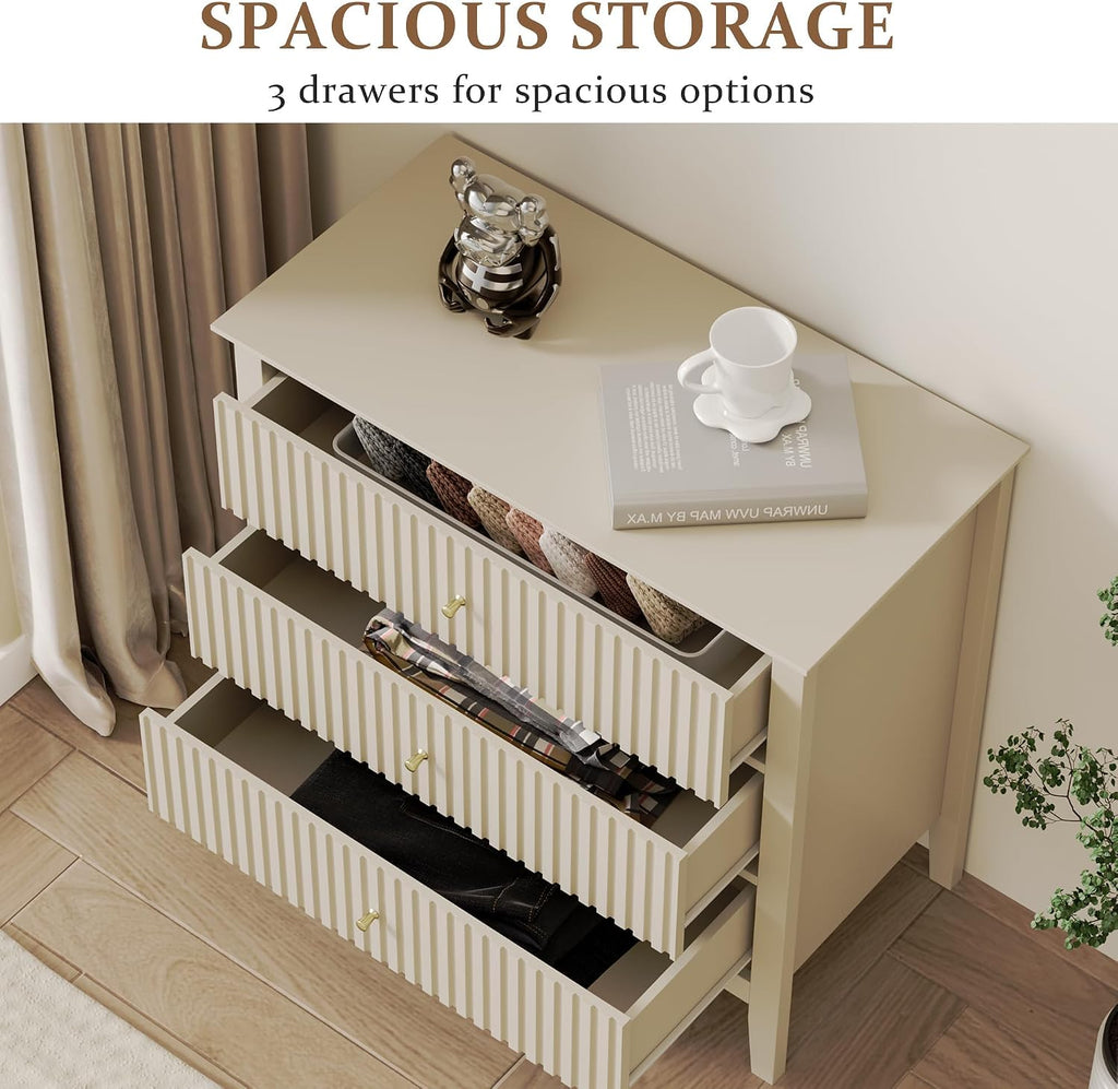 RoyalCraft Large 3 Drawer Dresser Set of 2, Fluted Wood Drawers for Bedroom, Modern Painted 30 inch Wide Nightstand for Bedroom, Entryway, Beige