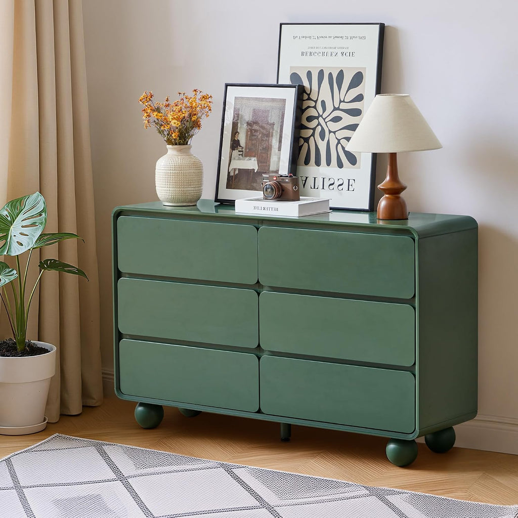 AVZEAR Modern 6 Drawer Green Dresser for Kids Bedroom, 48' Wide Wooden Dresser Chest of Drawers, Handle Free & Curved Profile Design, Mid Century Closet Clothes Storage Organizer for Living Room