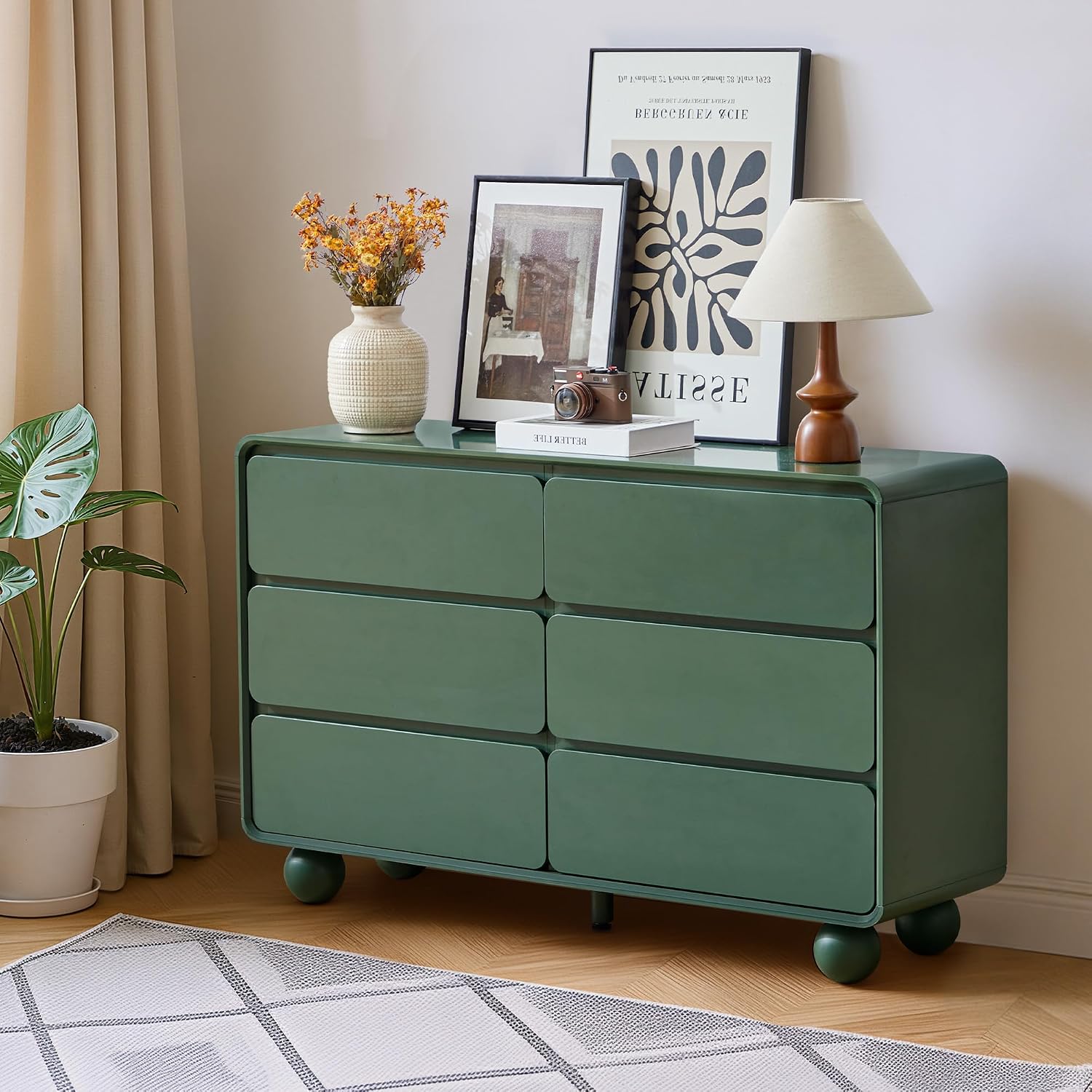 AVZEAR Modern 6 Drawer Green Dresser for Kids Bedroom, 48' Wide Wooden Dresser Chest of Drawers, Handle Free & Curved Profile Design, Mid Century Closet Clothes Storage Organizer for Living Room