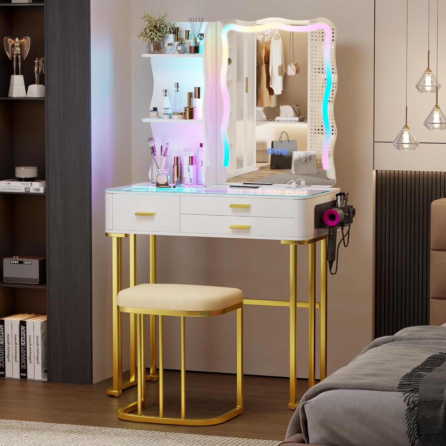 RGB LED Makeup Vanity Desk with Mirror & Lights, Modern Glass Top Vanity Table with 3 Drawers, Charging Station, Hair Dryer Holder, Dimmable Colorful Light Vanity Set for Bedroom,White