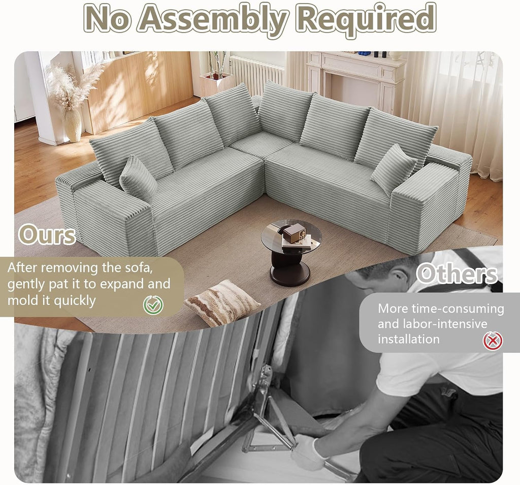 Sectional Cloud Couch for Living Room, Modern Modular Floor Deep-Seat Sofa, Upholstered L Shaped Sofas, Big Comfy Corduroy Couches Set for Living Room Bedroom, No Assembly Required, Grey